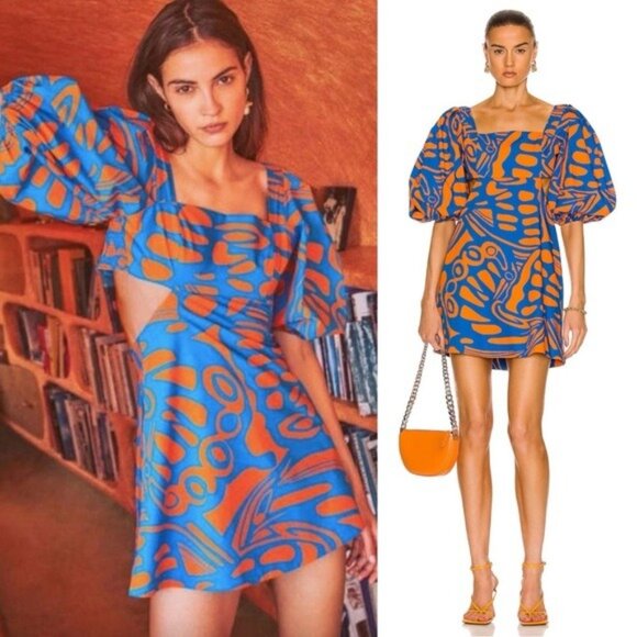 Alexis Bodhi Indigo Blue Orange Puff Sleeve Cut Out Mini Dress Size M - Picture 1 of 11